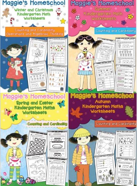 Math Counting and Cardinality - 4 Seasons Worksheet Bundle (Spring/Summer/Autumn/Winter)