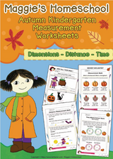 Maggie's Homeschool Autumn Kindergarten Measurement Worksheets — printable dimensions, distance and time pages