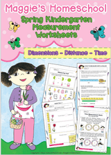Maggie's Homeschool Spring Kindergarten Measurement Worksheets — printable dimensions, distance and time pages