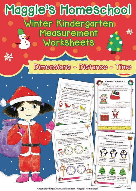 Maggie's Homeschool Winter Kindergarten Measurement Worksheets — printable dimensions, distance and time pages